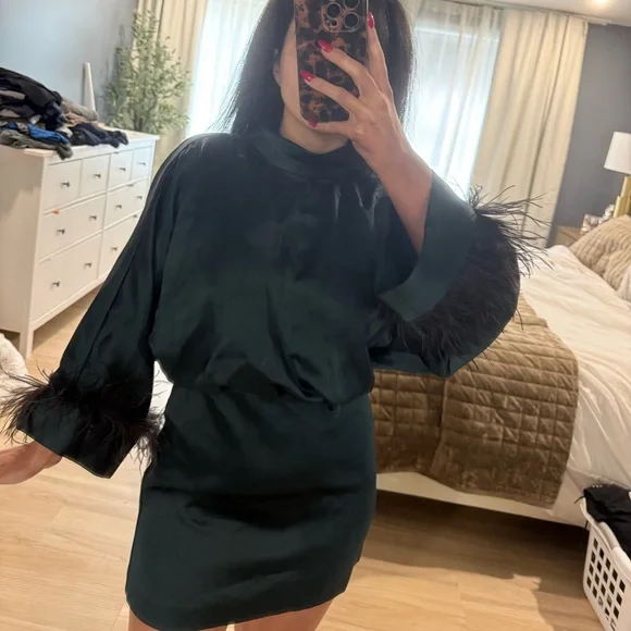 Zara Satin Emerald Green Feather Cuff Mini Dress - Picture 6 of 6